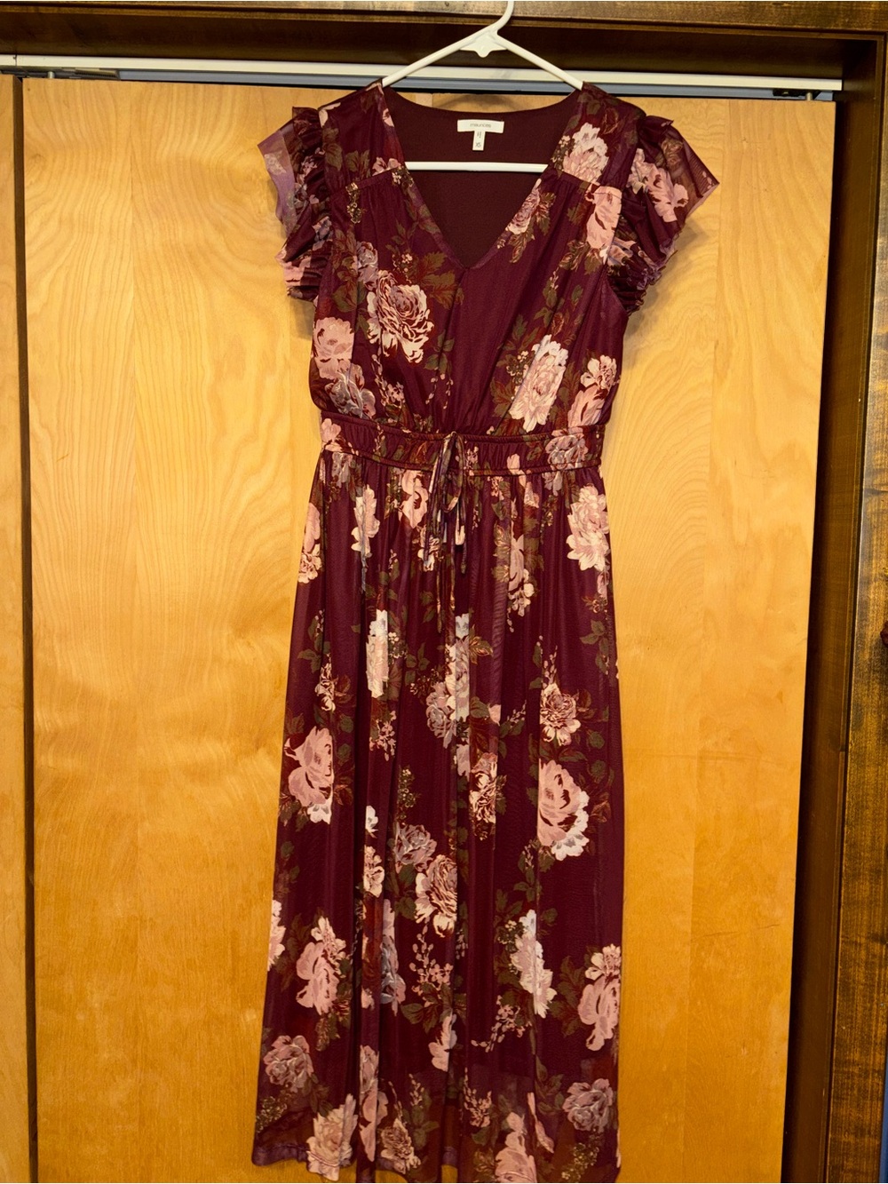 Maurices Burgundy Floral V-Neck Midi Dress with Tie Waist